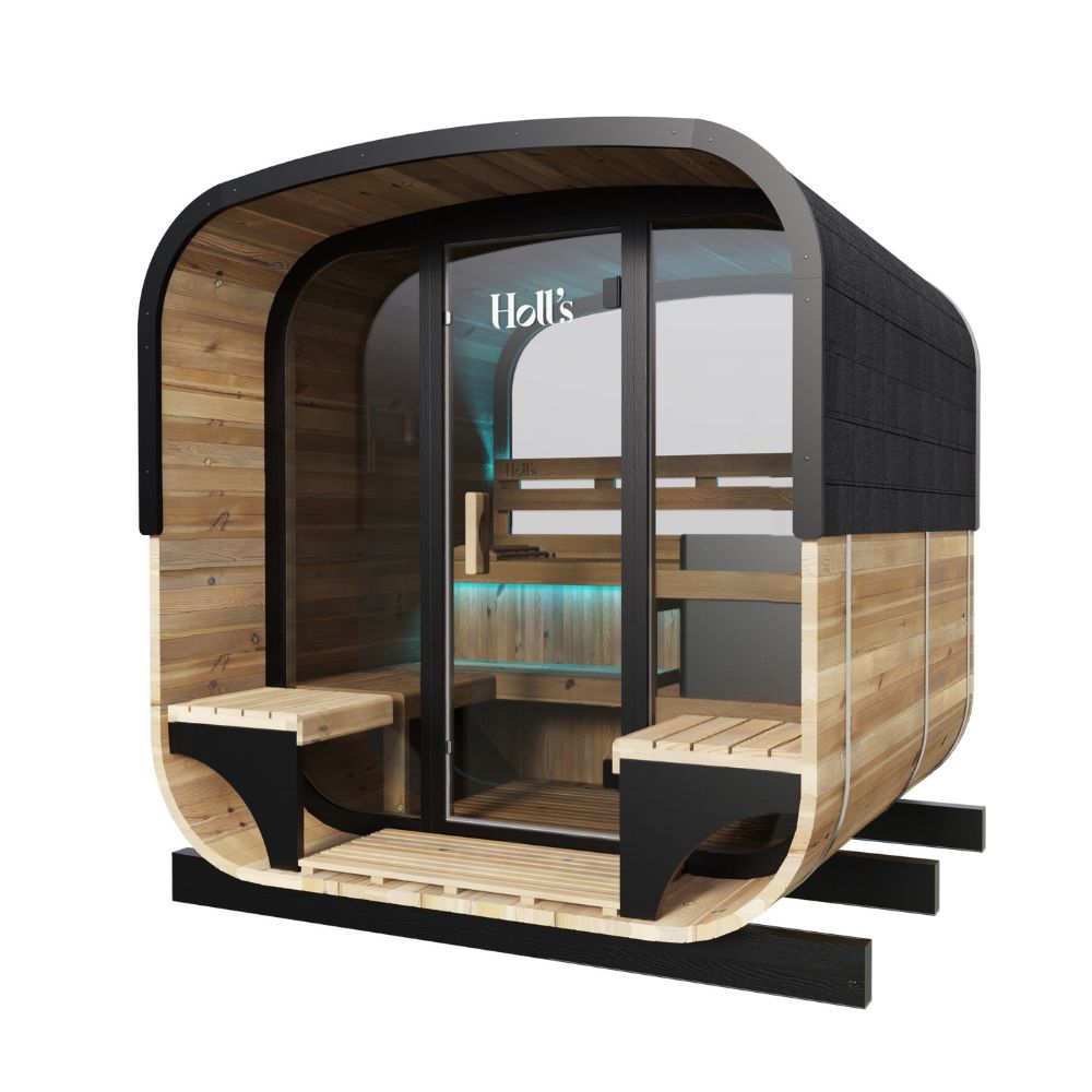 A modern outdoor sauna cabin (Holls Hestia Lounge) with a curved wooden exterior, black trim, glass door, and built-in wooden benches, shown on a plain white background - supplied by Origin State.