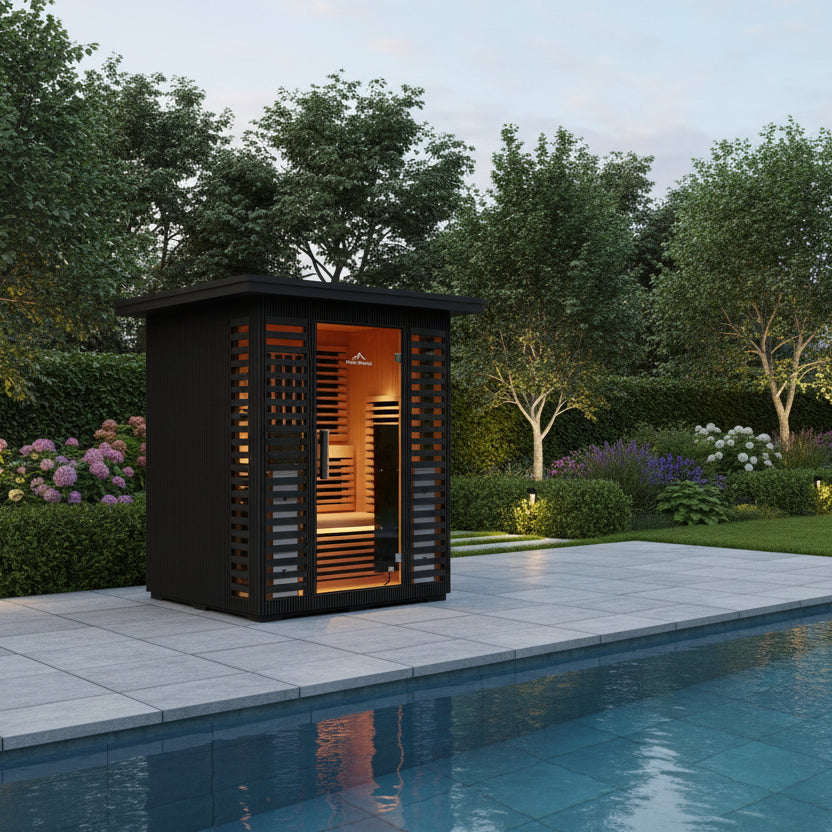 Infrared sauna with wooden interior and dark exterior in a poolside garden setting