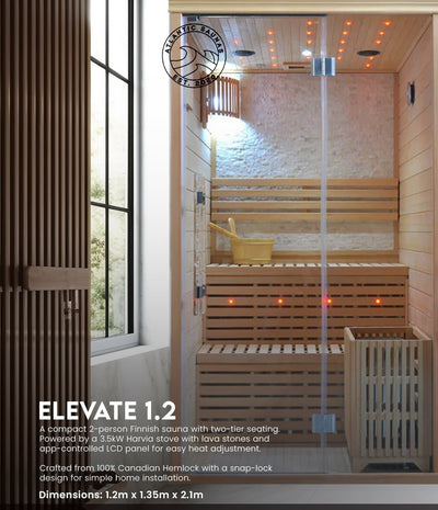 Atlantic Saunas | Elevate 1.2 | Traditional hot stone Indoor Sauna | 2 person | 2 Tier Seating