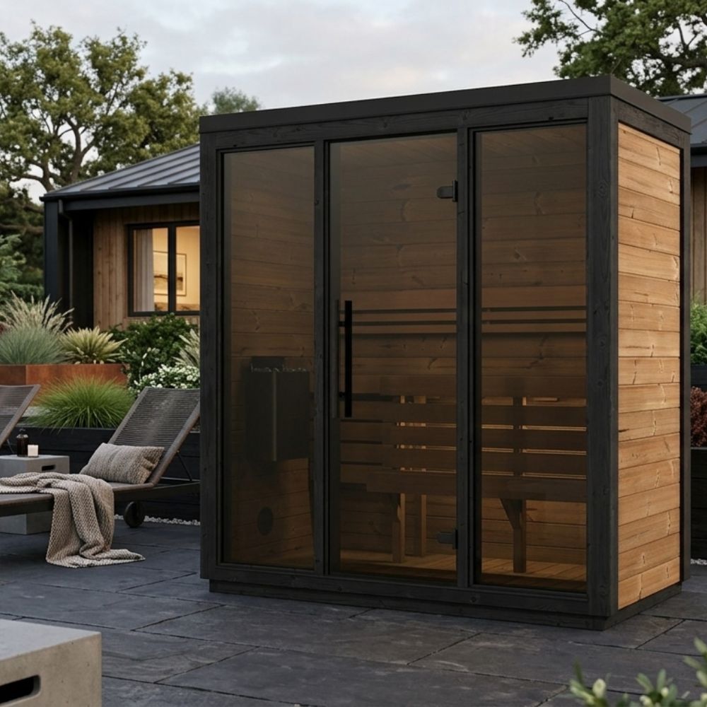 A modern outdoor sauna cabin with a black metal frame, wood-paneled exterior, and large tinted glass doors, shown on a patio next to lounge chairs and a house in the background.